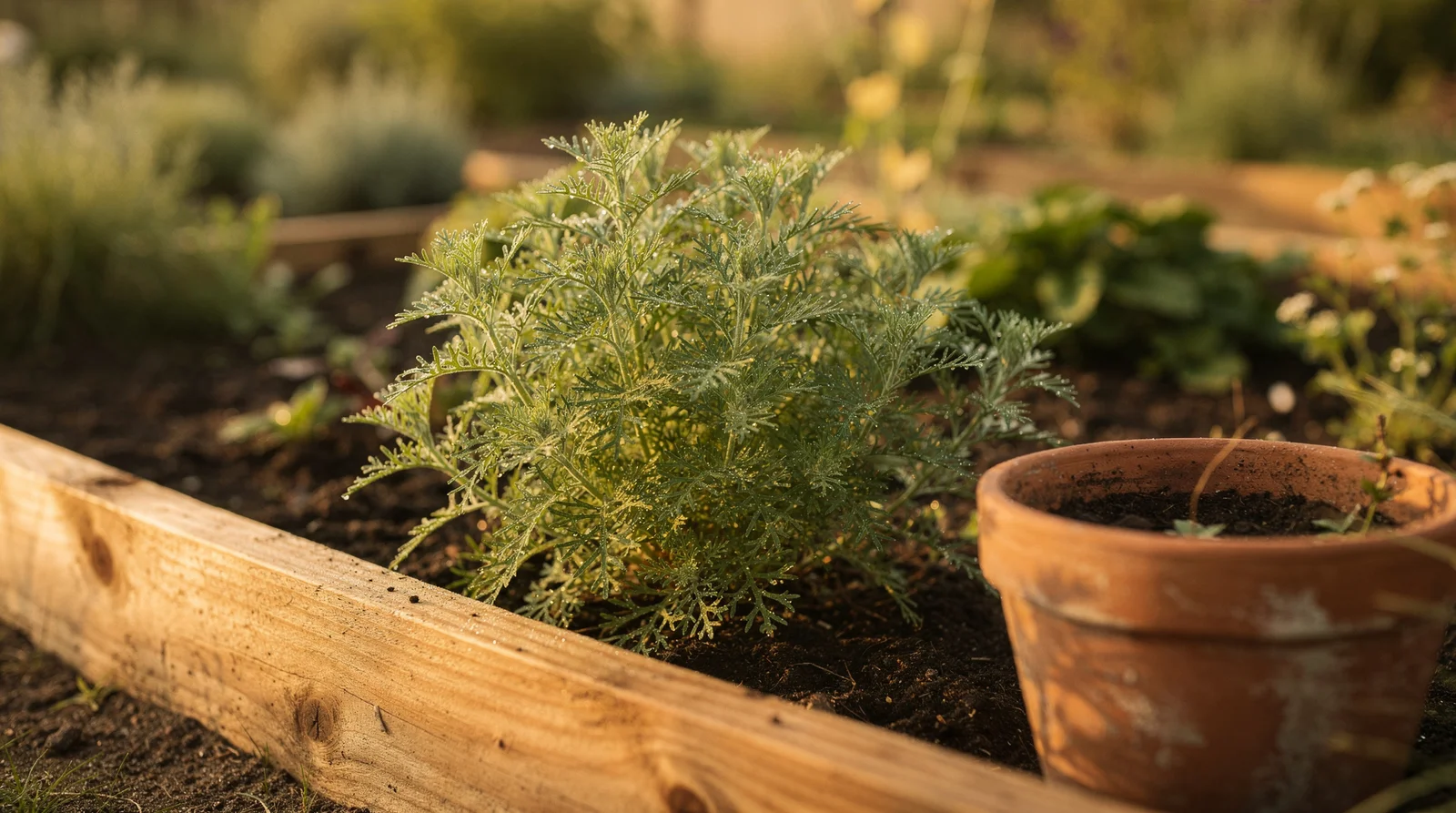 Colakraut mit üppigen grünen Blättern im sonnigen deutschen Gartenbeet – natürliches Morgenlicht, Terrakotta und Holz im Hintergrund