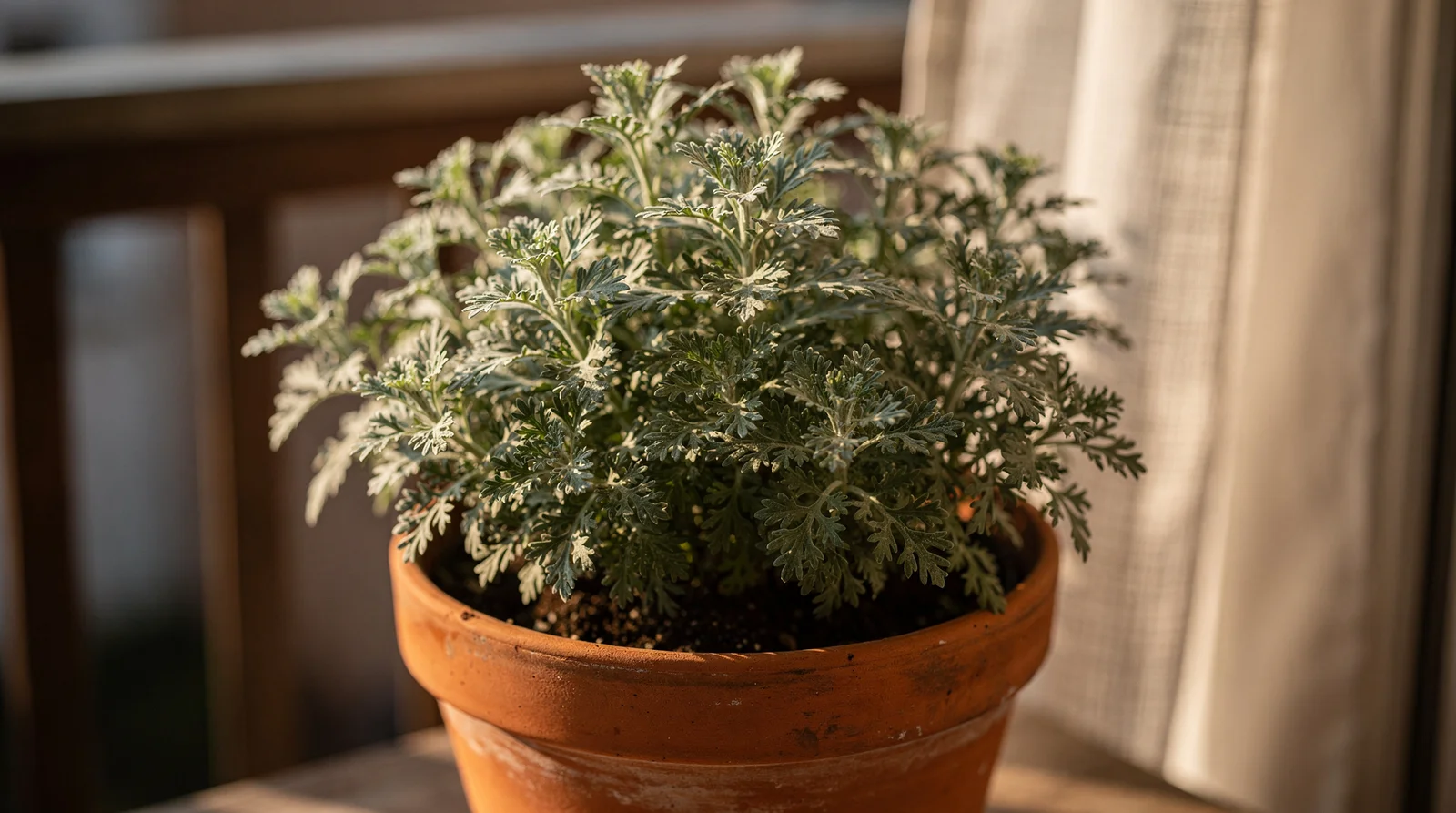 Colakraut-Pflanze in Terrakotta-Topf auf sonnigem Balkon mit silbrig-grünem Laub im warmen Morgenlicht