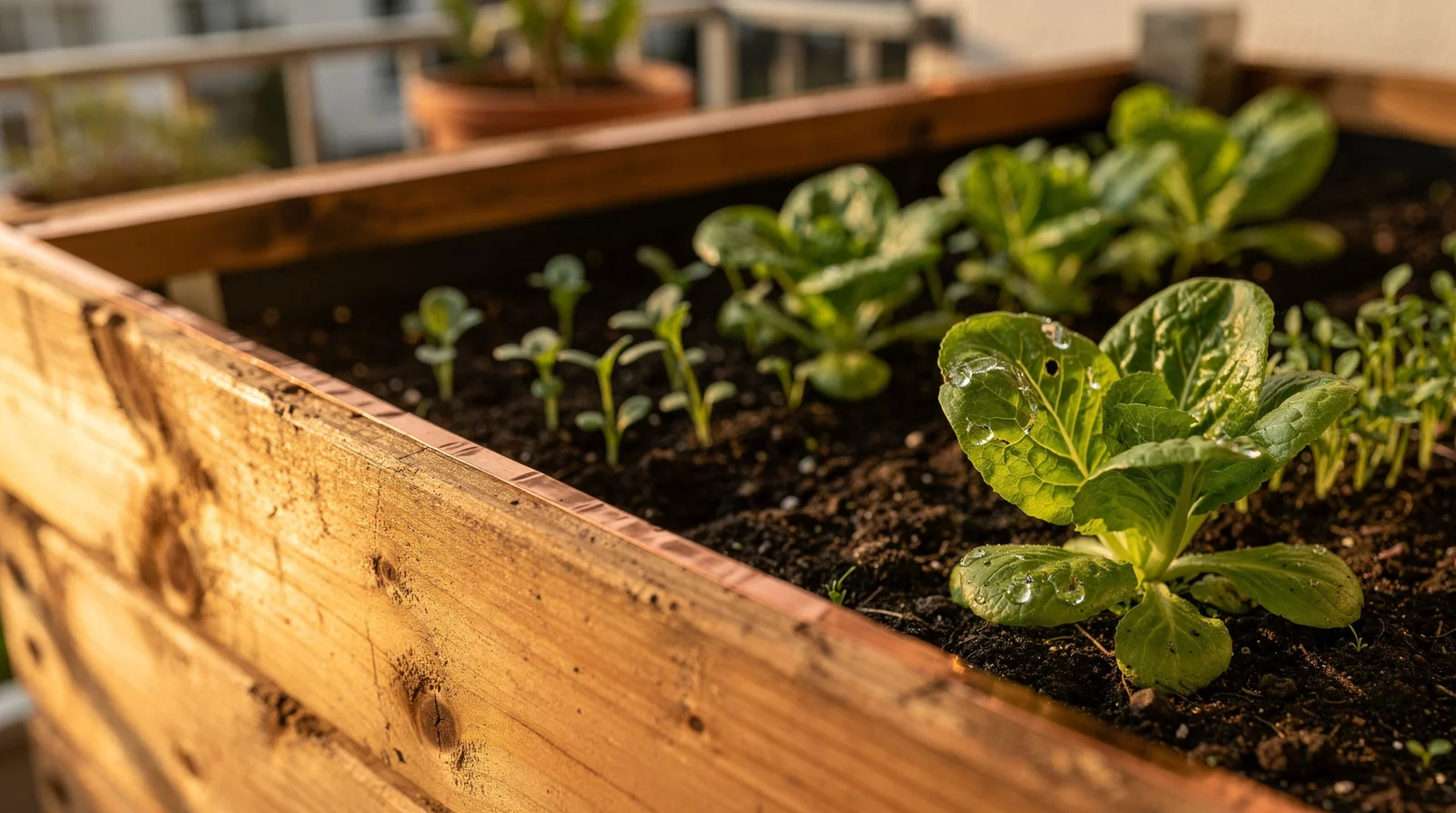 Hochbeet mit Salat und Radieschen sowie Kupferband-Schneckenschutz im Morgenlicht