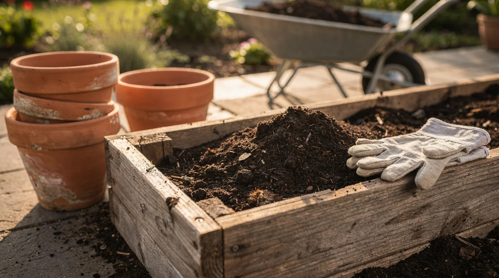 Holzhochbeet wird mit dunkler Komposterde befüllt – Morgenlichtstimmung auf einer deutschen Gartenterrasse