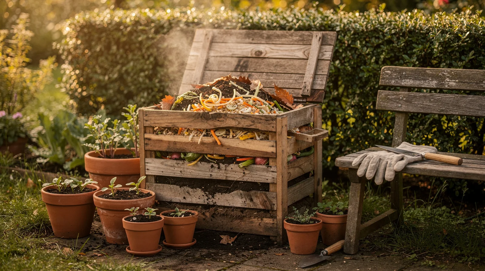 Holzkomposter im deutschen Garten mit geschichteten Küchenabfällen und trockenem Laub im weichen Morgenlicht