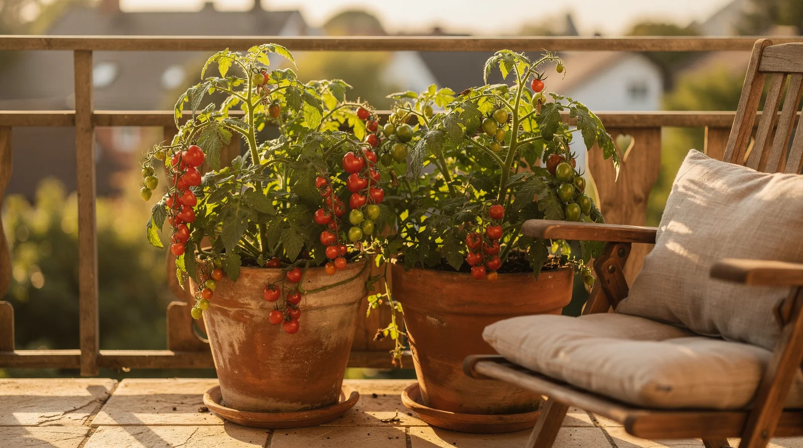 Reife Balkontomaten in Terrakotta-Töpfen auf sonnigem deutschen Balkon