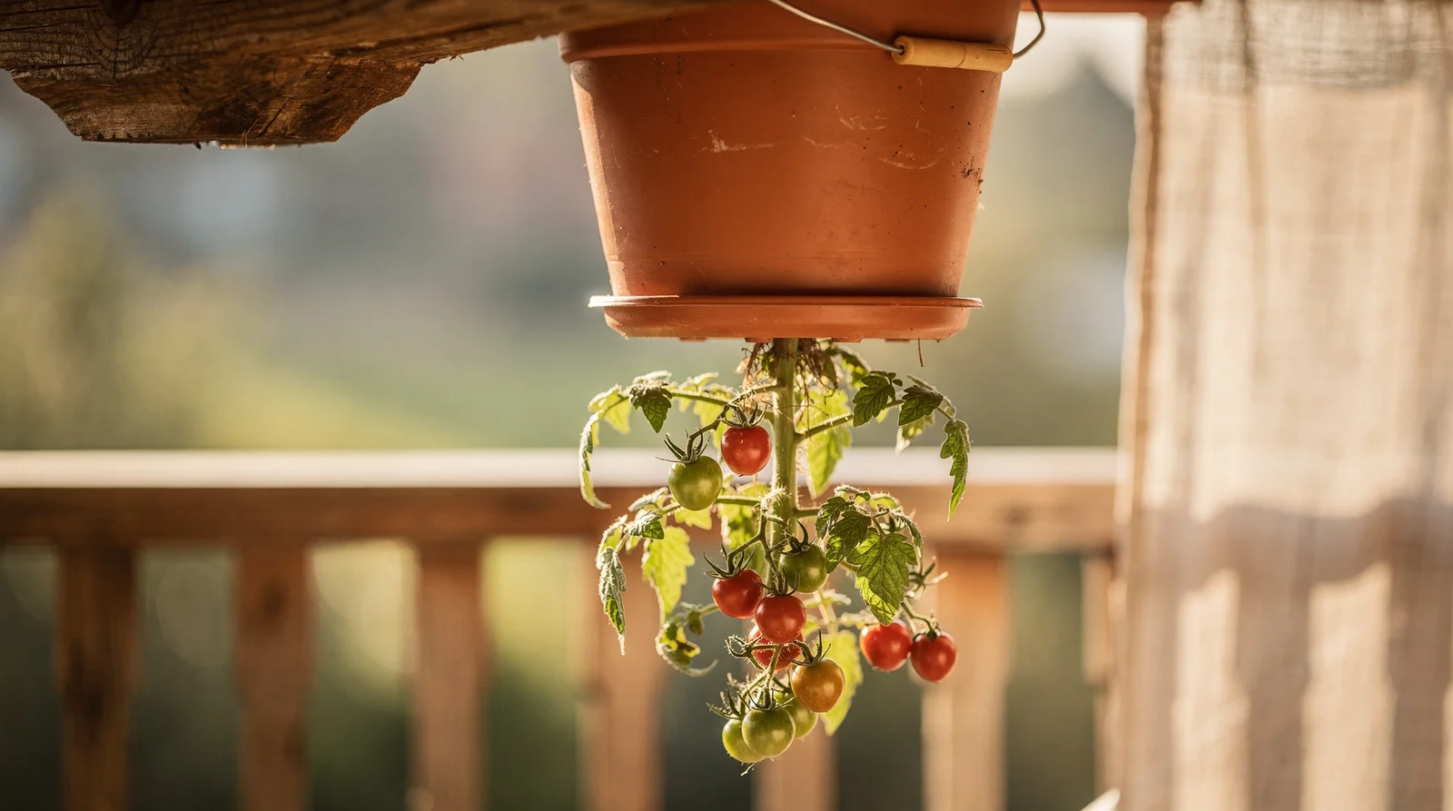 Tomaten kopfüber pflanzen: Hängender Eimer mit wachsender Tomatenpflanze auf einem sonnigen deutschen Balkon